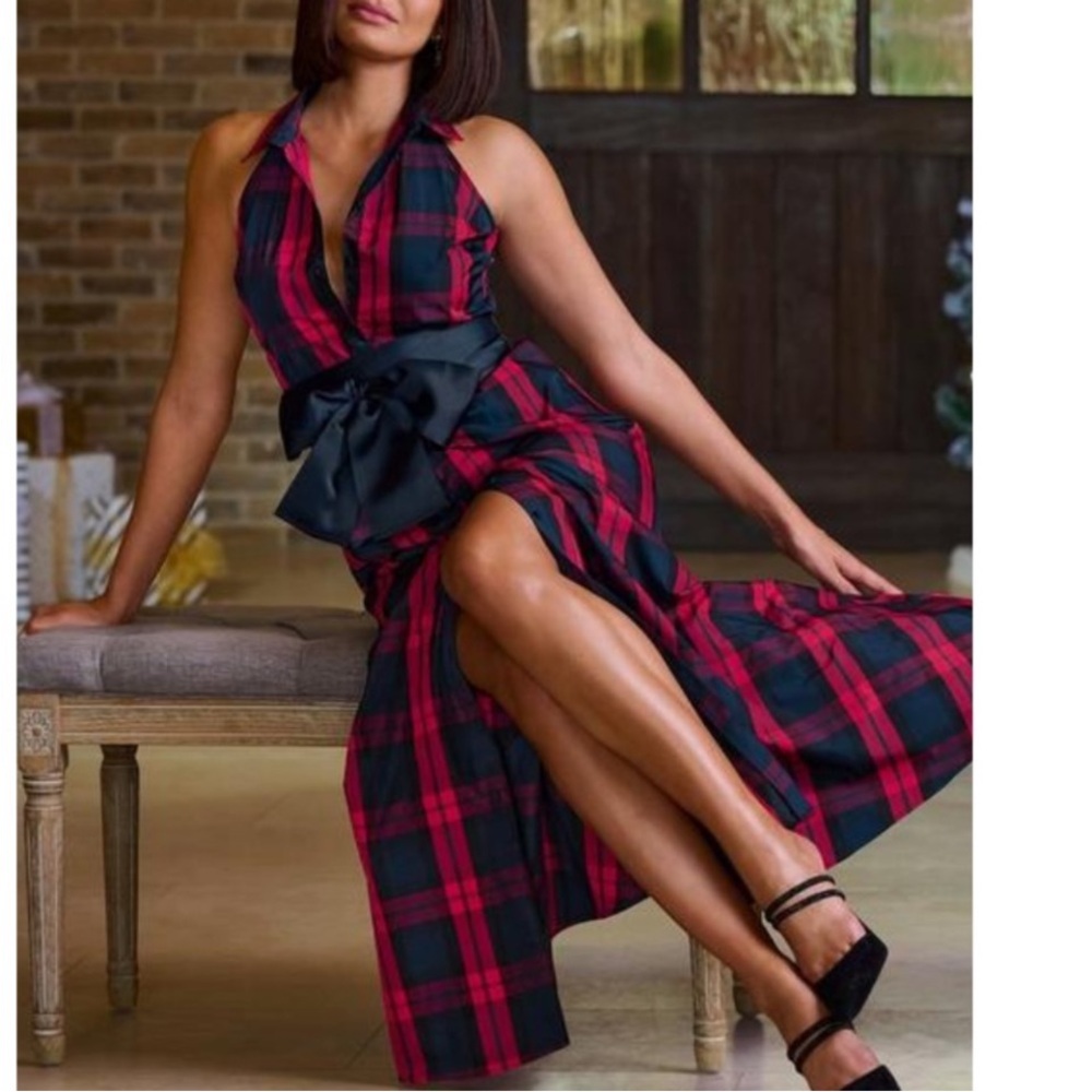 Boston Proper Plaid Shirt Dress size 6 Brand New Multi Red & Navy Brocade Sash - Picture 3 of 4
